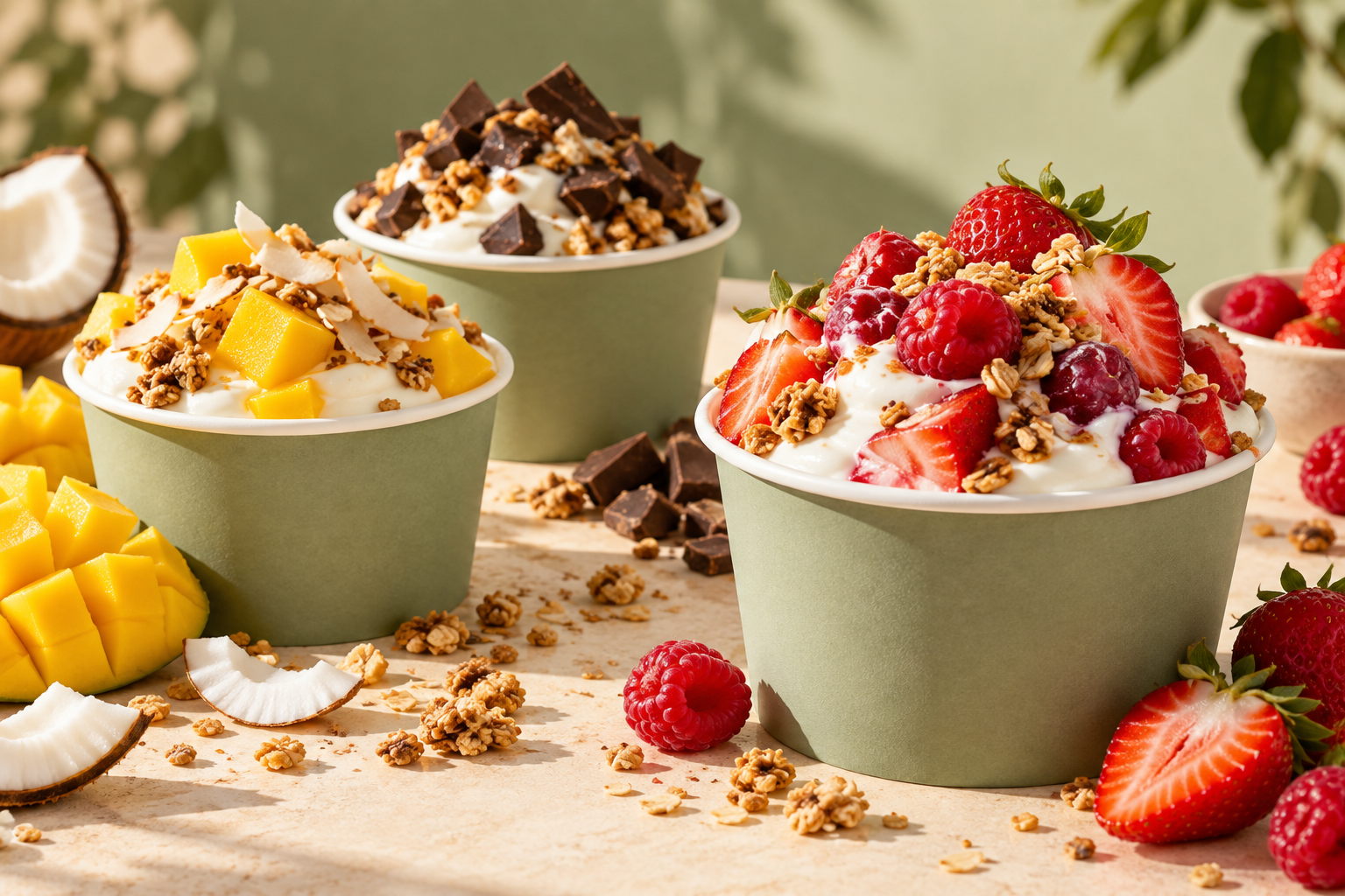 Appetitliche Joghurtbecher mit Beeren, Mango, Schokolade und knusprigen Toppings